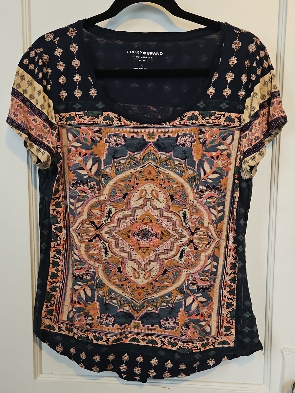 Lucky Brand Navy Short-Sleeve Tee with Medallion Print- L